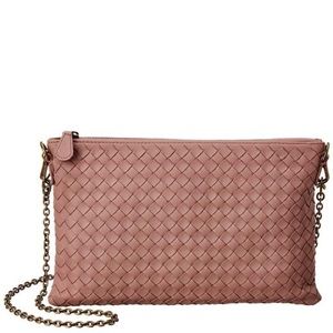 Bottega Veneta Crossbody Biletto Chain Intrecciato Leather Wallet Pink Rose Deco